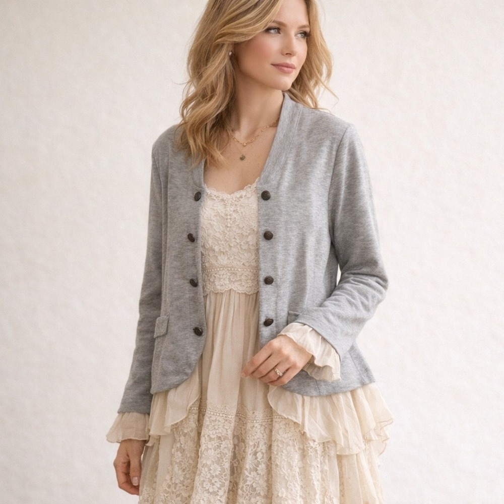 Living Doll Gray Knit Jacket XL Ruffle Hem Romantic Lagenlook Cottagecore‎